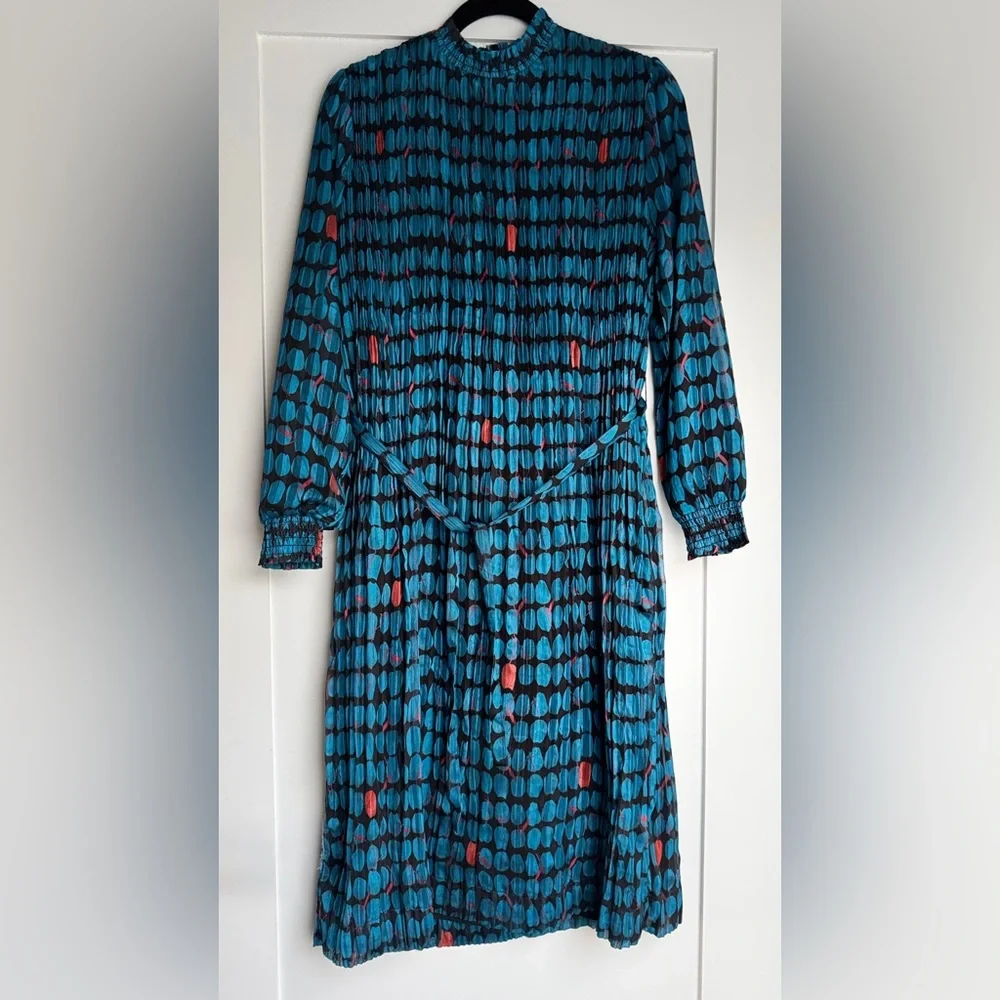 Porter Teen Girls Pleated Oval Print Dress Sz 22 Blue Belted Lined Juniors